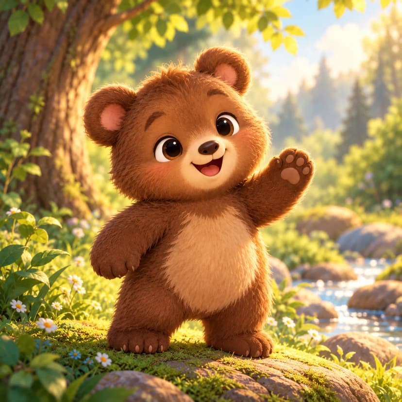 Cheerful fluffy brown bear cub waves hello from mossy rock beside sunlit forest stream and wildflowers
