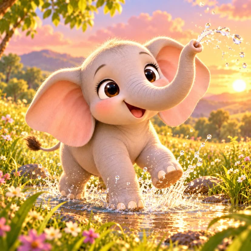 Joyful baby elephant from bedtime story splashes happily in golden pond at sunset among blooming meadow flowers