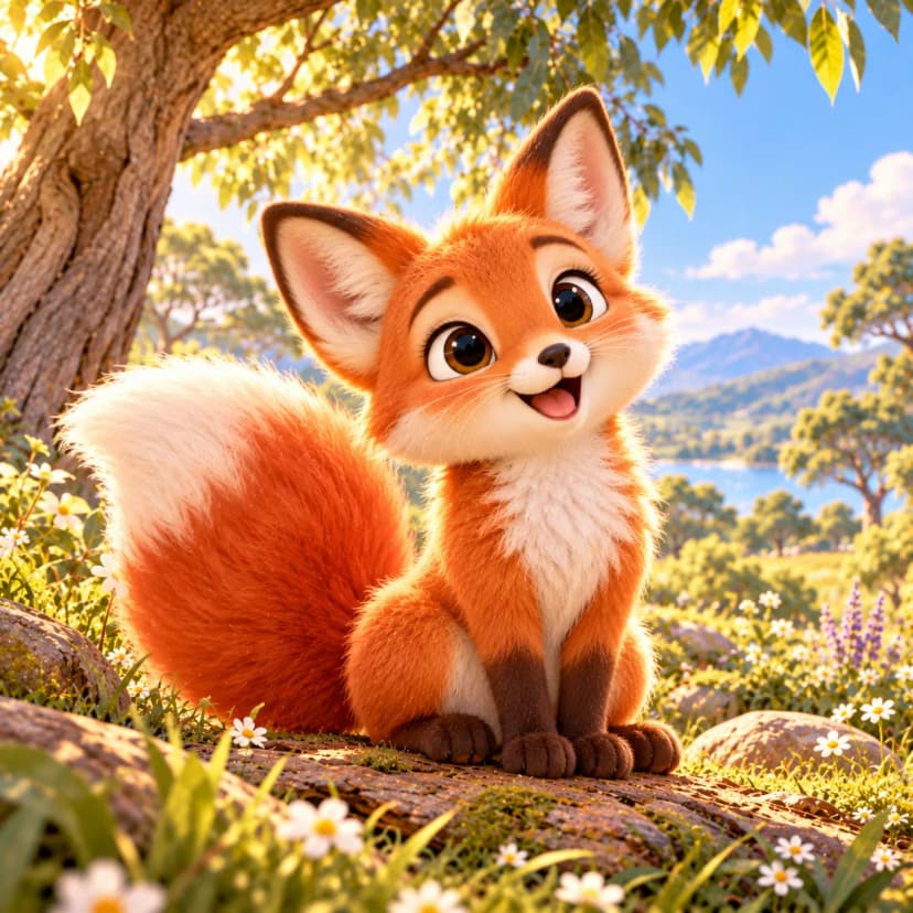 Cheerful baby fox from bedtime story sits in sunny forest meadow with mountains and sparkling lake behind him