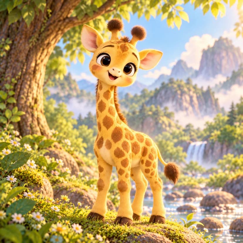 Adorable fluffy baby giraffe with big dark eyes, rosy cheeks and soft brown spots stands happily on a mossy hilltop among daisies and ferns, sparkling forest stream and misty mountain waterfall glowing in warm golden sunlight behind her
