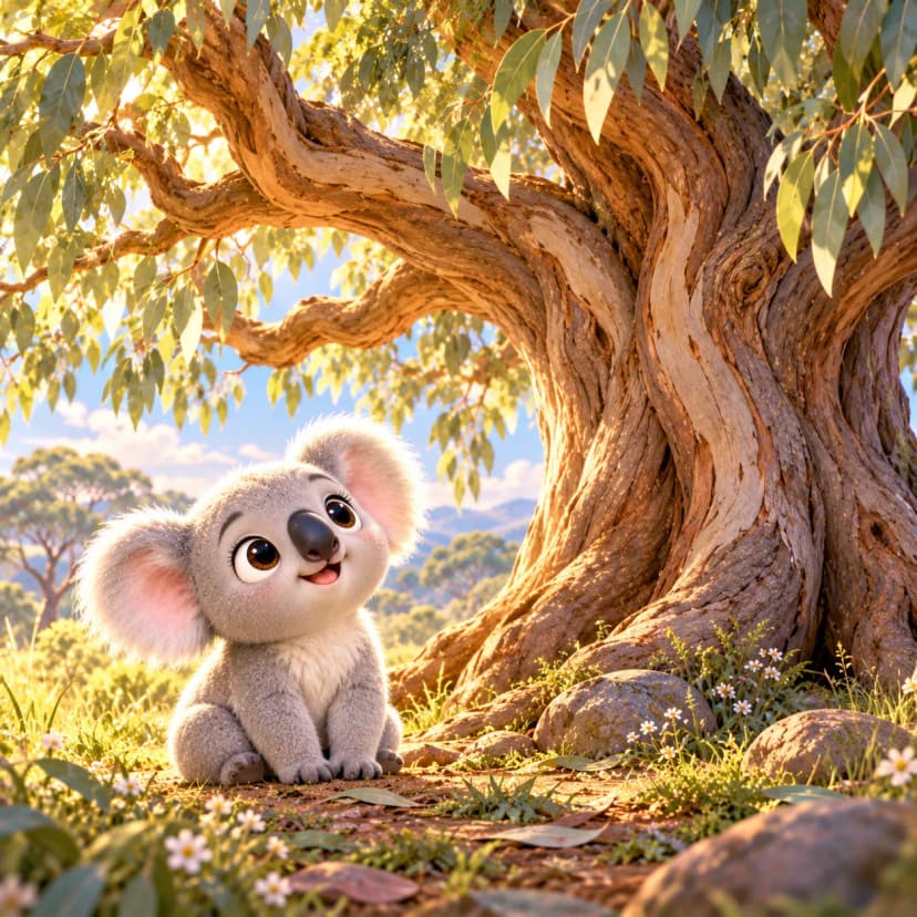 Cheerful baby koala from bedtime story sits beneath his eucalyptus tree home with rolling hills and wildflowers