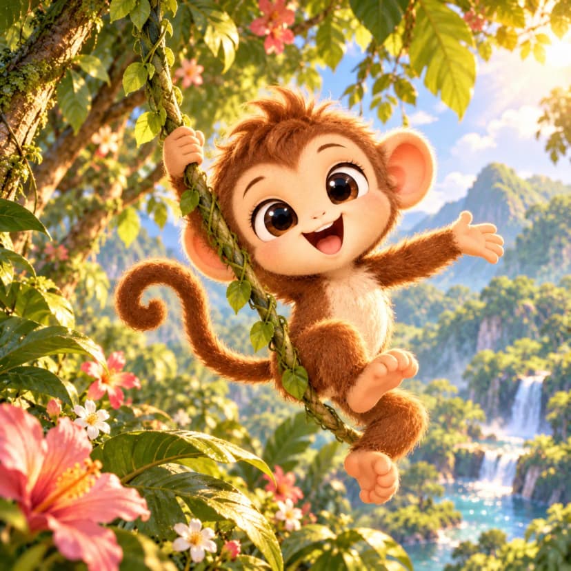 Playful baby monkey swings happily from leafy jungle vine above tropical waterfall and pink hibiscus flowers