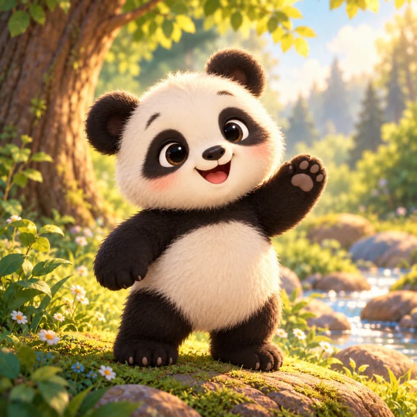 Happy baby panda greets readers with a cheerful wave in sunny forest meadow by sparkling creek