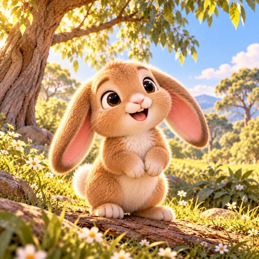 Cheerful baby bunny from bedtime story sits on fallen log in sunlit meadow surrounded by wildflowers and trees