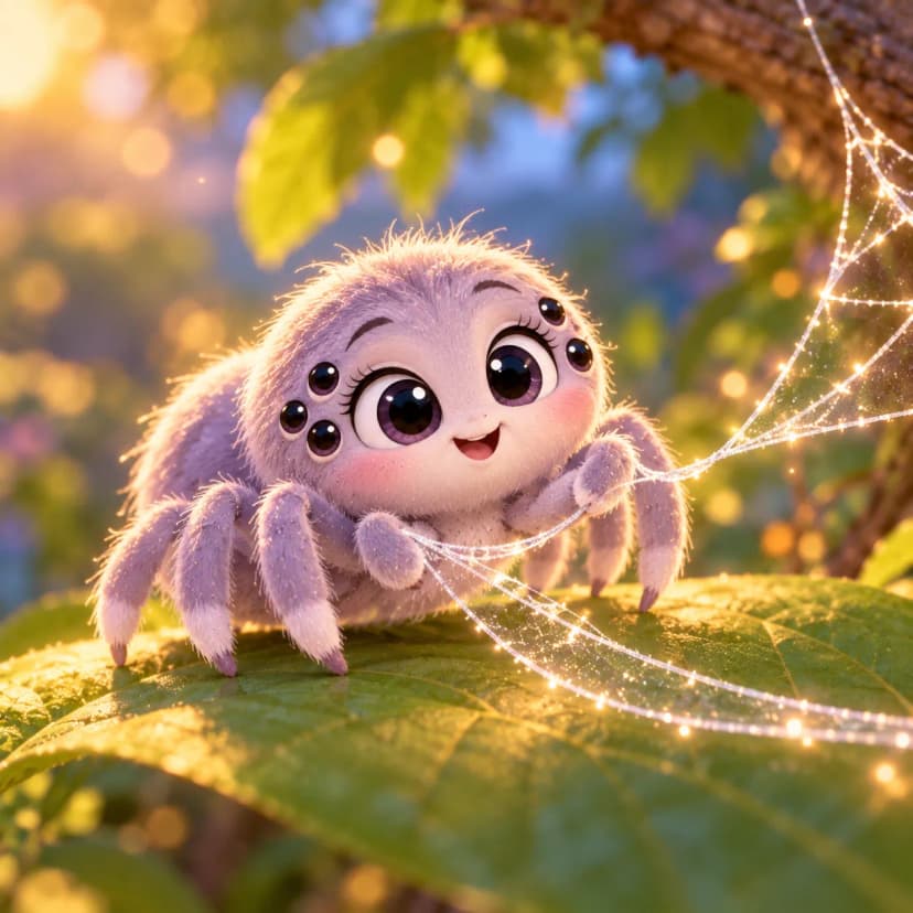 Little dream-weaver spider spins sparkling moonlit web of stars and sweet dreams while glowing firefly bee cheers her on